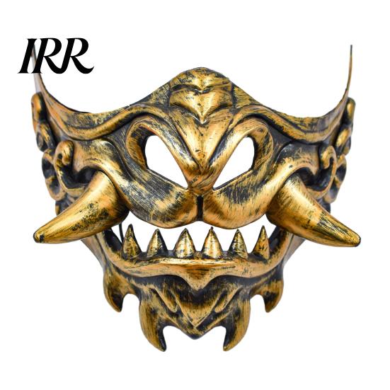 Stage Performance Halloween Props Japanese Hannya Red Half Mask, Wolf Teeth & Embossed Cloud Details, Breathable Lightweight Detailed Relief