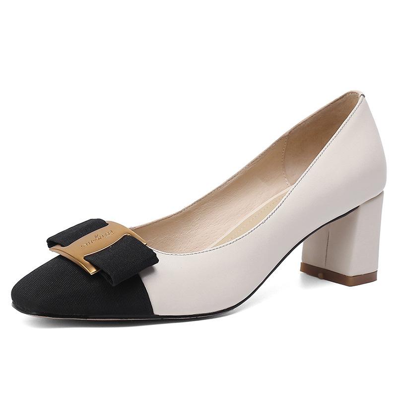

Summer square head metal buckle color matching single shoes bow temperament high heels thick heel professional women s shoes 39