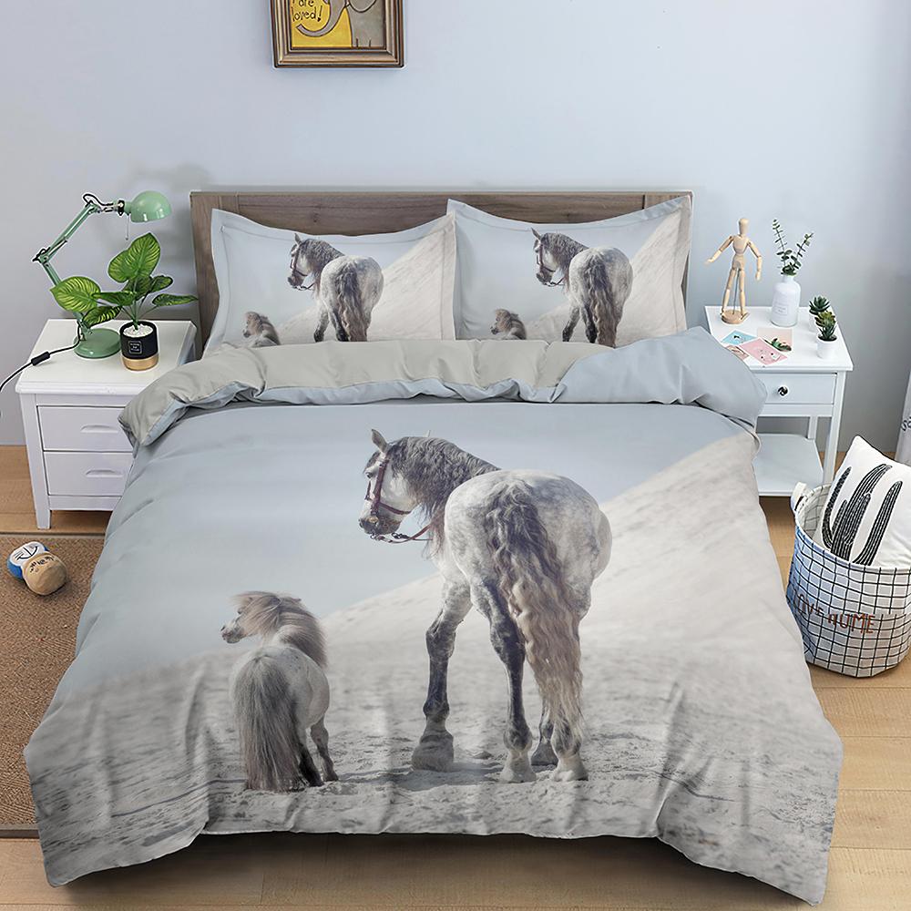 3D Horse Duvet Cover King Queen Size Black White Thoroughbreds Bedding Set For Teens Adults Animal 2/3pcs Polyester Quilt Cover