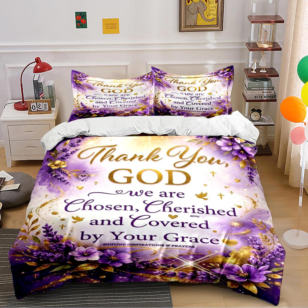 Thank You God Purple Floral Bedding Set Bedding set (1 duvet cover, 2 pillowcases, duvet not included)
