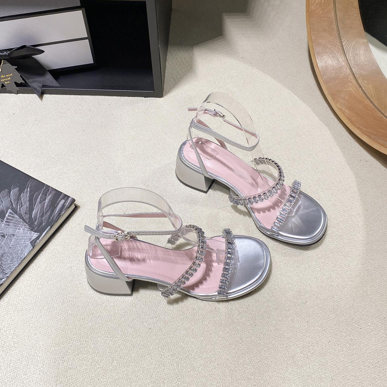 

Fashion 2025 new summer thick high heels rhinestone sandals women silver leather ankle strap gladiator sandalias mujer crystal tacón 38 серебряный