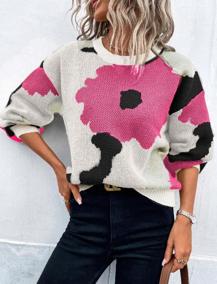 Women's Floral Knit Sweater, Loose Fit Oversized Pullover with Pink Green Blue Flower Pattern, Casual Long Sleeve Tops