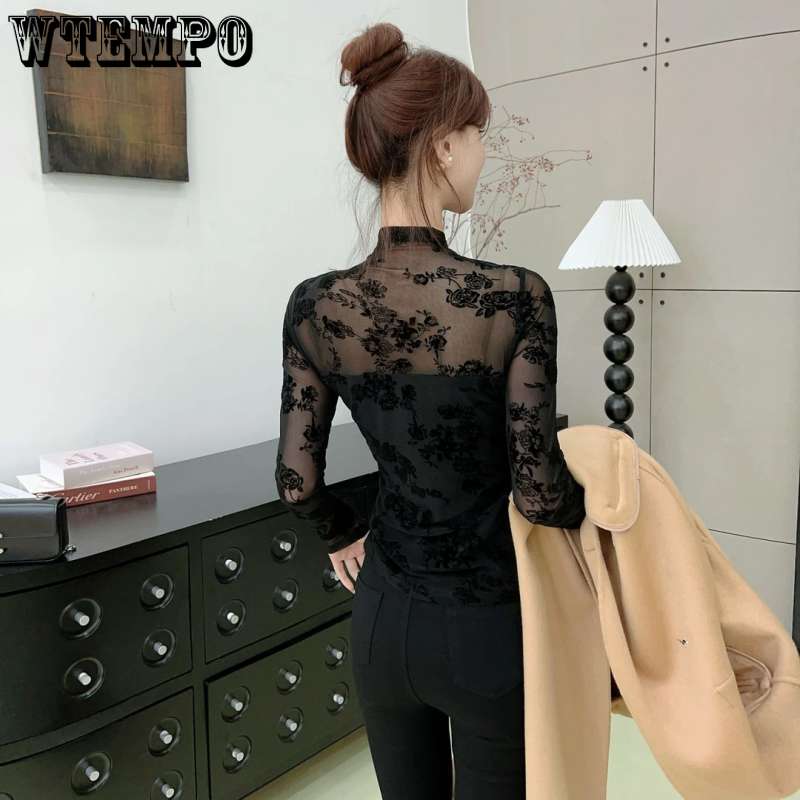 Svart krydderblonder flocking halv høy hals langermet t-skjorte dame høst og vinter premium følelse inner topper