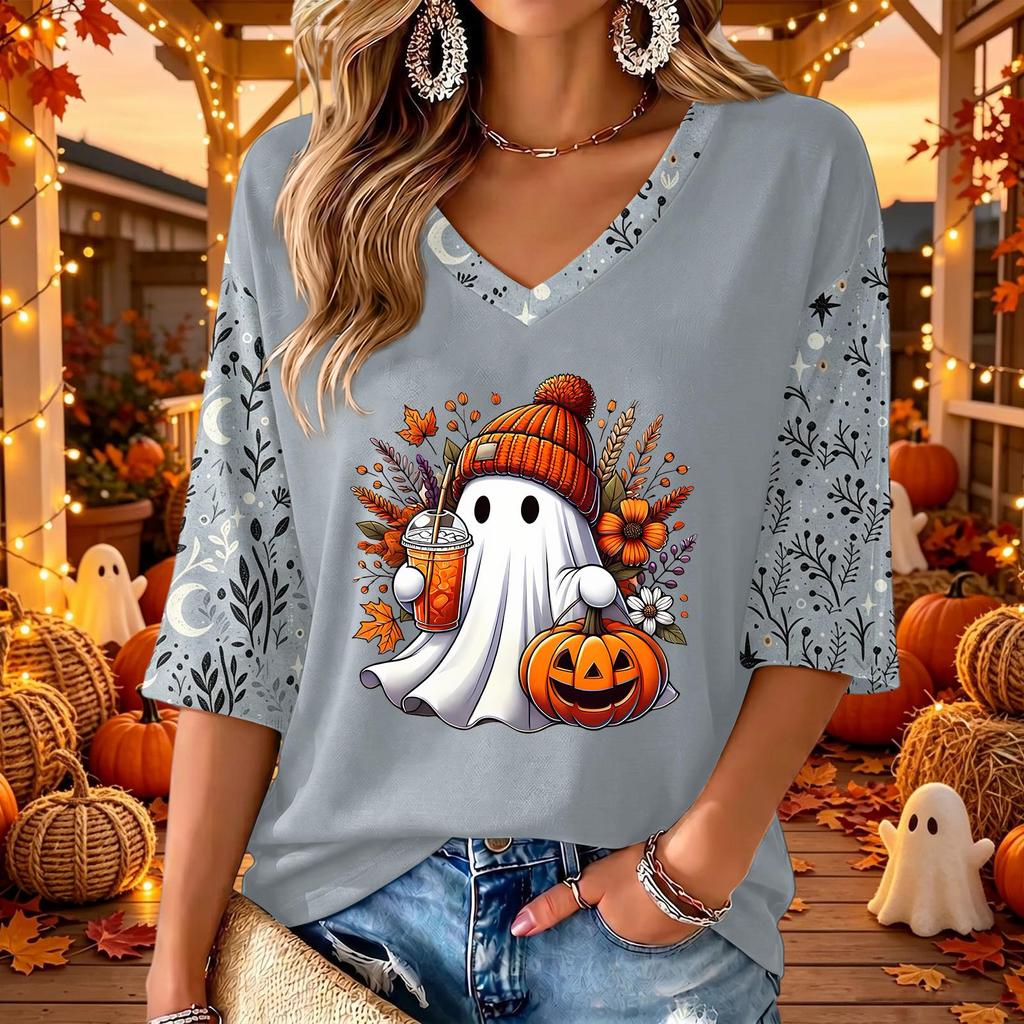 Women's V-Neck Casual Three-Quarter Sleeve Top with Halloween Print