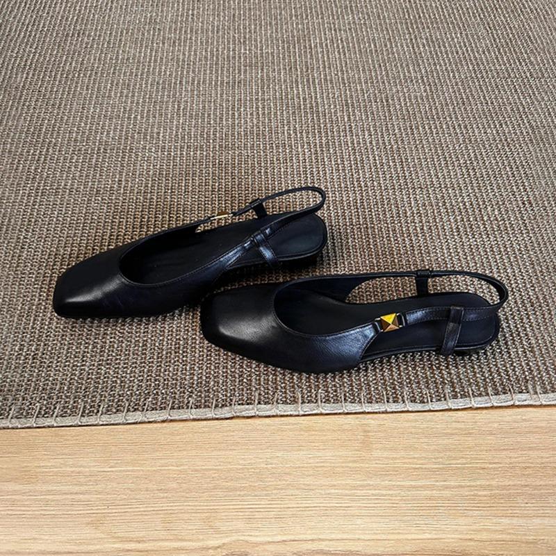 Sheepskin retro versatile black commuter shallow mouth Mary Jane shoes women's single shoes square head leather sandals women's summer wear