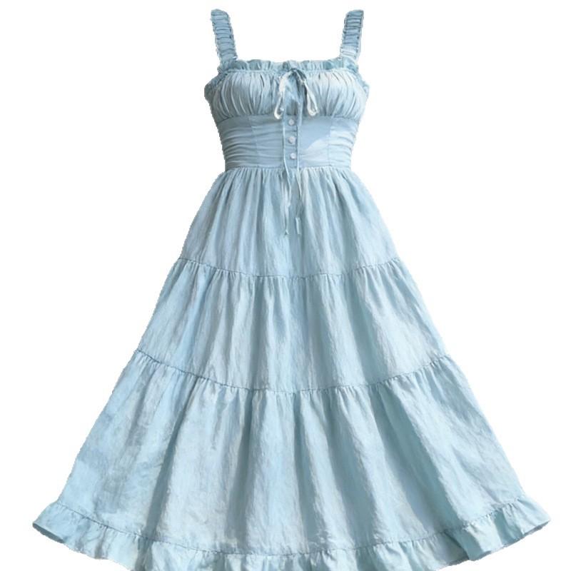Mint milk green suspender dress, new women's summer French gentle design, waist A-shaped long skirt