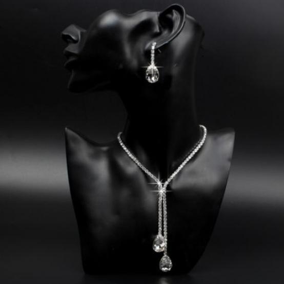 Bridal Wedding Party Rhinestone Waterdrop Pendant Necklace Earrings Jewelry Set AVE