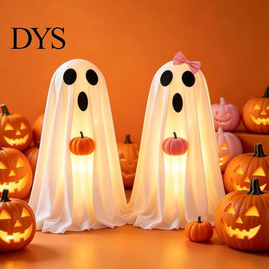 Spooky Seasonal Atmosphere Halloween Ghost Decoration, Light-Up White with Pumpkin, Indoor Porch Terrace Party Supplies Cute Standing Tabletop
