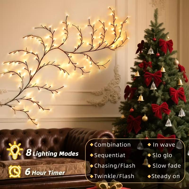 1PC 144LED Flexible Willow Vine Lights 8 Modes USB Powered Warm White Willow Vine Lights for Bedroom Living Room Christmas Decor
