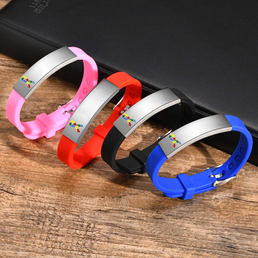 Vnox Free Personalized Autism ID Bracelets for Teens Girls Boys, Colored Puzzle Soft Silicone Bracelets, Cutom Contact Name ICE