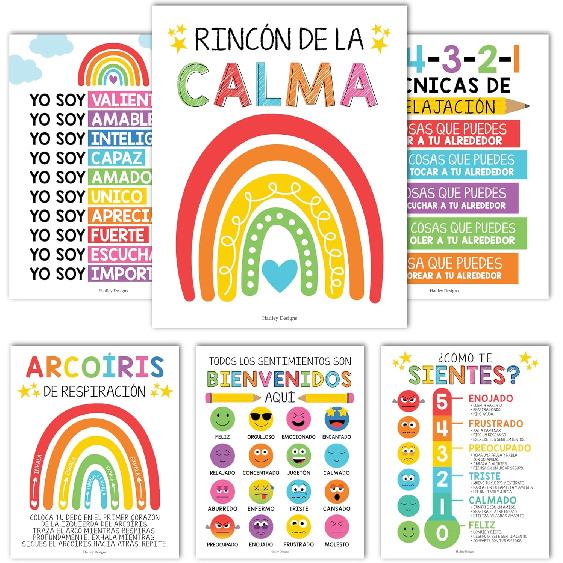 Spanish Classroom Decorations - 6 Spanish Classroom Posters Elementary, Calm Down Corner Posters Español, Emociones Poster, Colorful Afirmaciones