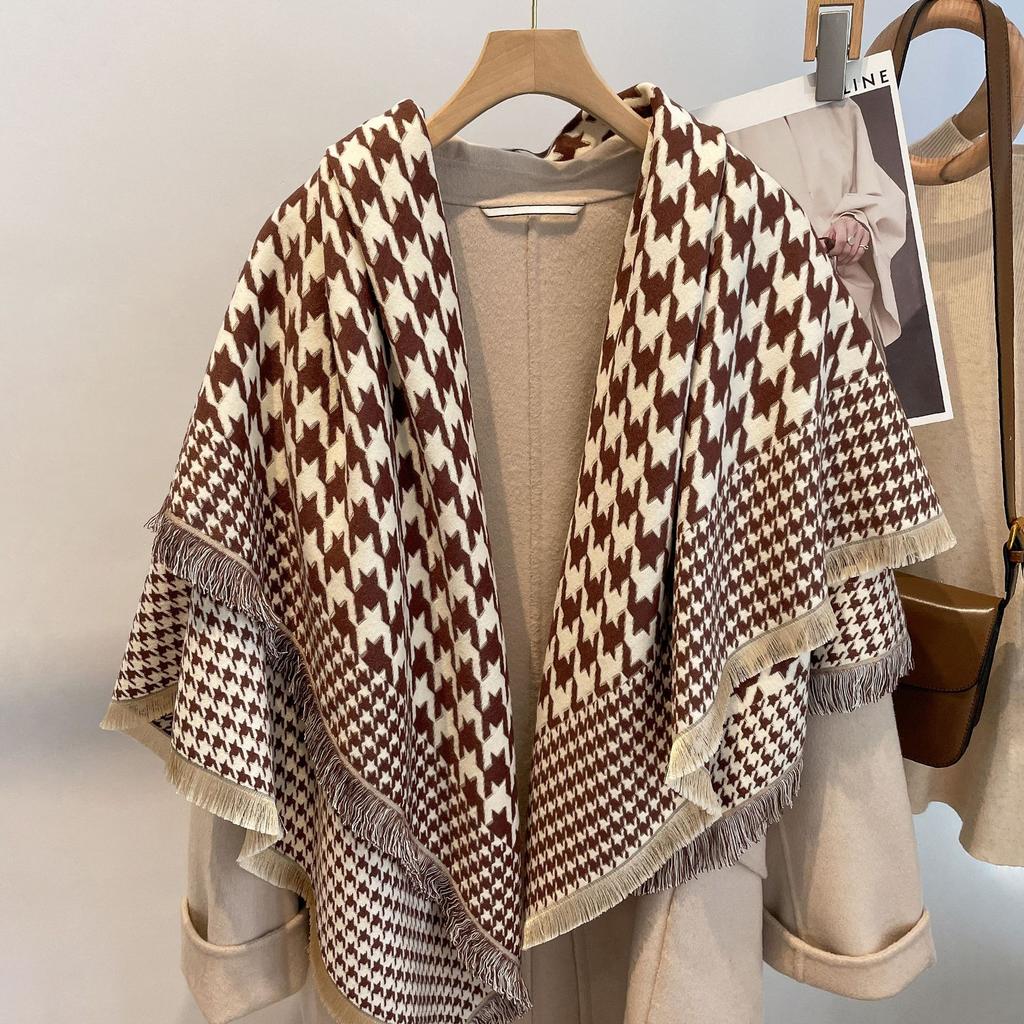Swing And Winter Bird Grid Scarf Women'S Style Imitation Cashmere Scarf Thickened Air-Conditioned Room Warm Shawl Cape