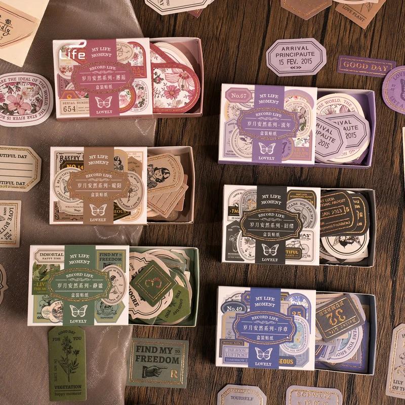 40Pcsbox Paper Stickers Year Passes Retro Vintage Gold Gilding Scrapbook Journaling Supply Collage Materials Sealing Stickers