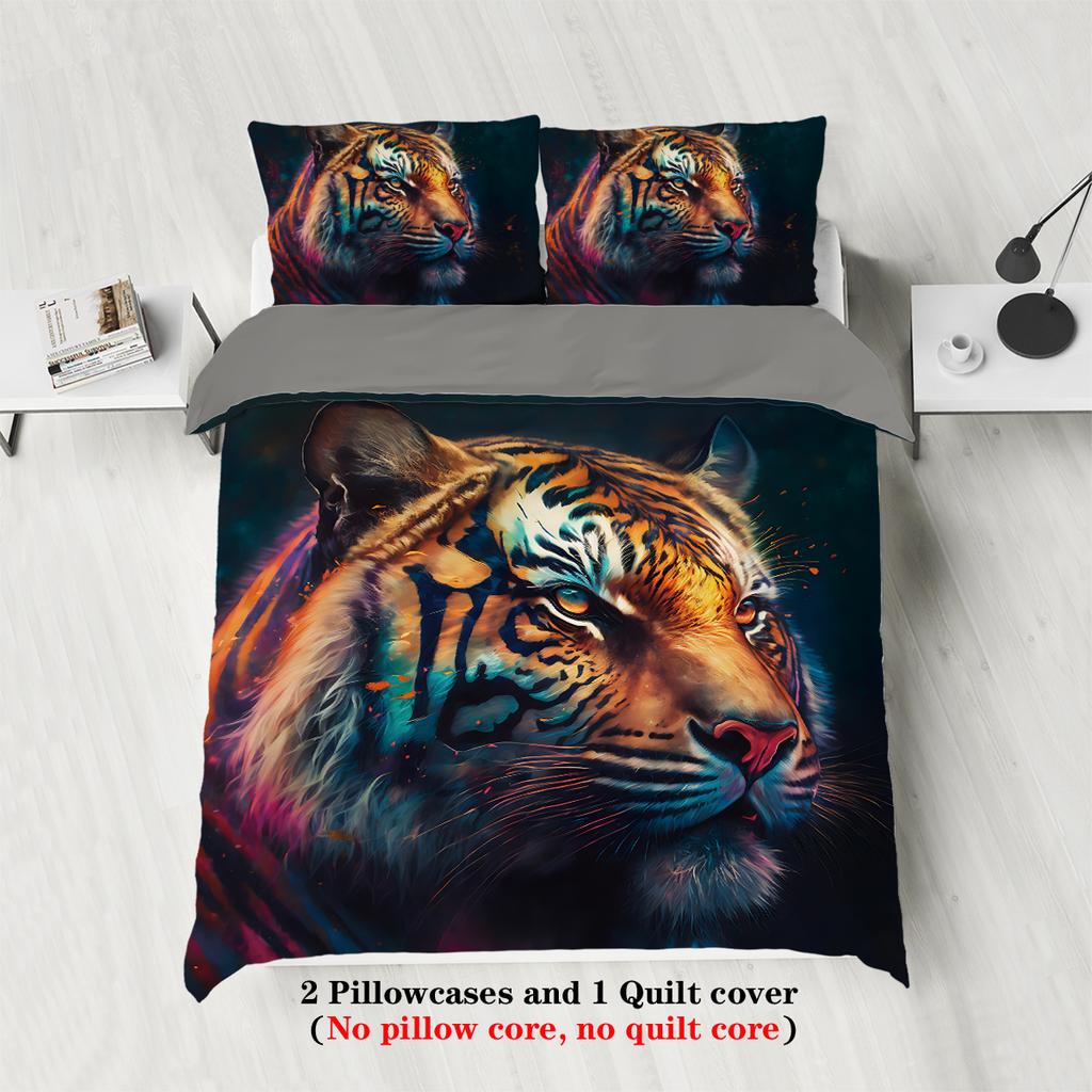 Three-Piece Set (1 Duvet Cover + 2 Pillowcases Coreless) Cool Tiger Printed Bedding Set Multiple Sizes For All Rooms