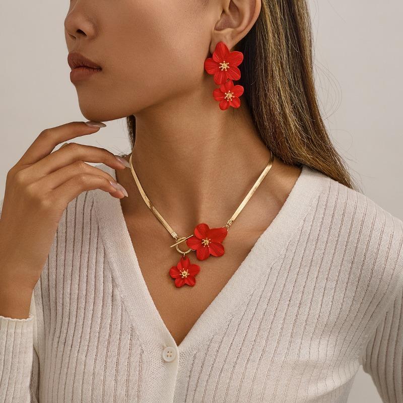 New Chinese-style National Trend Large Flower Necklace  Elegant Spray-painted Flower Pendant Jewelry Set