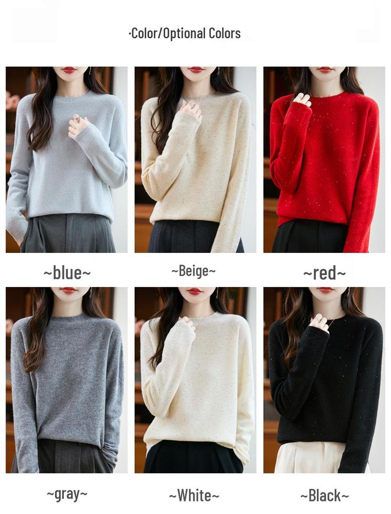 Women's Sequin Crew Neck 100% Wool Sweater - Loose Fit, Ready-to-Wear Knit Base Layer for Commute