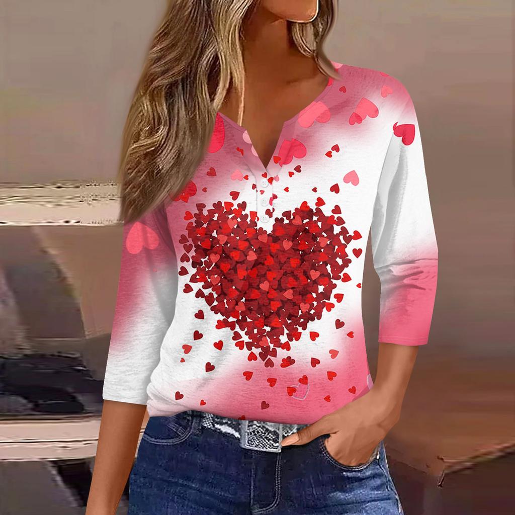 Camiseta feminina com estampa de botão, manga 3/4, moda diária de fim de semana, básica, decote em V, top regular