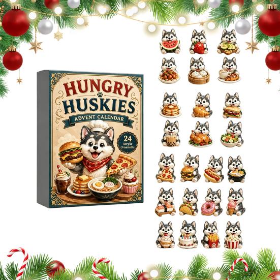 Cute Puppy Desk Decor Husky Advent Calendar with 24 Foodie Acrylic Ornaments, 2D Flat Christmas Hanging Decorations Tree Decoration, Dog Themed