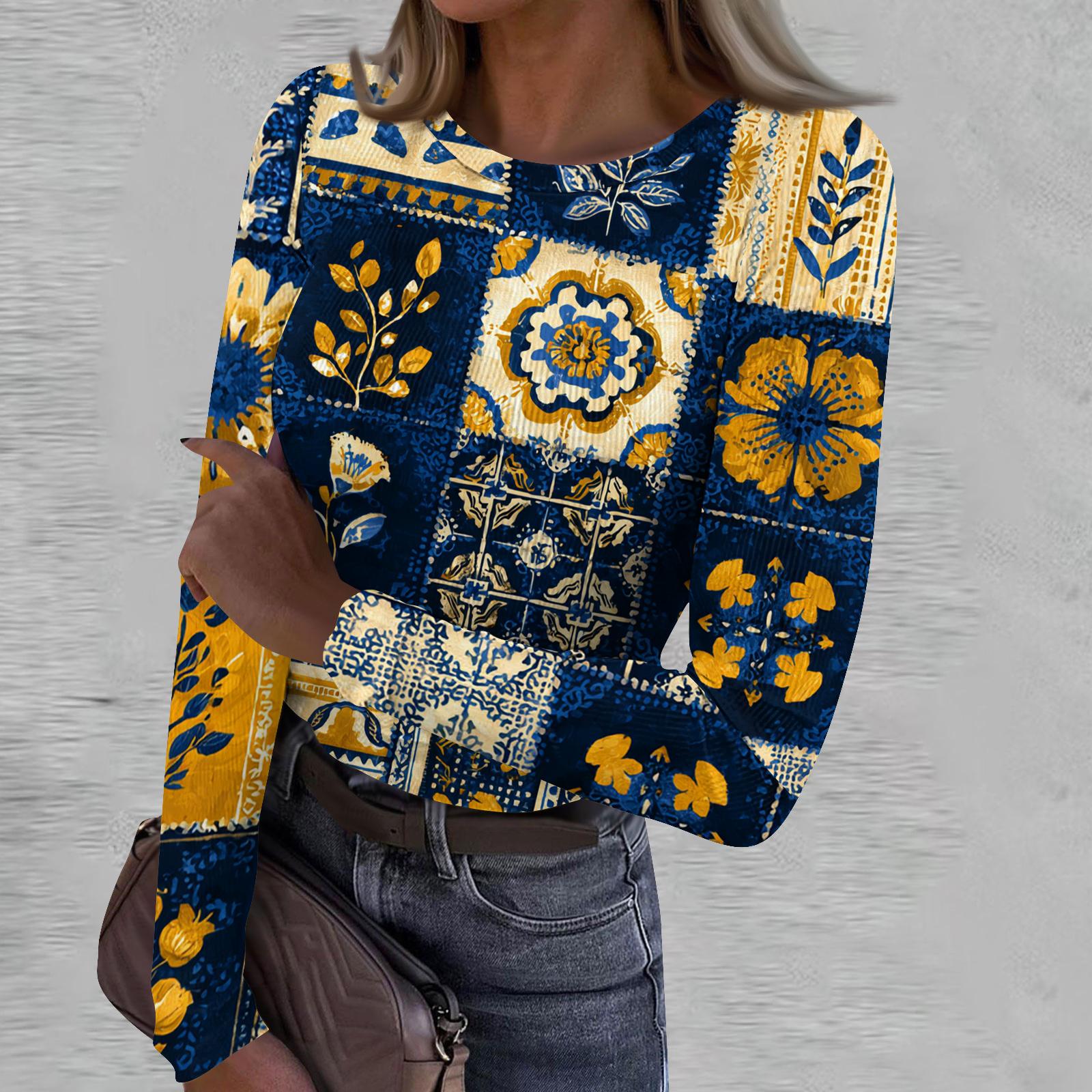 

Women s Casual Fashion Round Neck Retro Print Long Sleeve Ribbed Top L