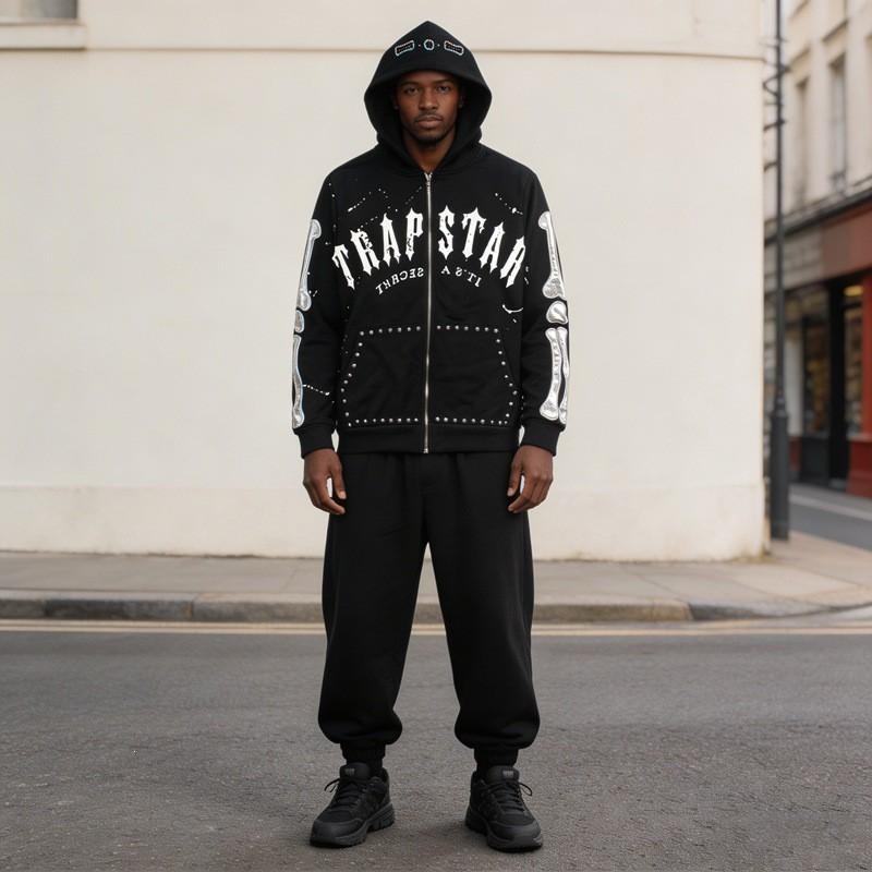 American Streetwear Trapstar X OM Hoodie Embroidered Bones Rhinestone Details Zip-Up Womens Casual Sweatshirt