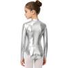 Kids Girls Zipper Metallic Leotard Long Sleeve Shiny Bodysuit for Jazz Dance Stage Performance Cosplay Theme Party Costume