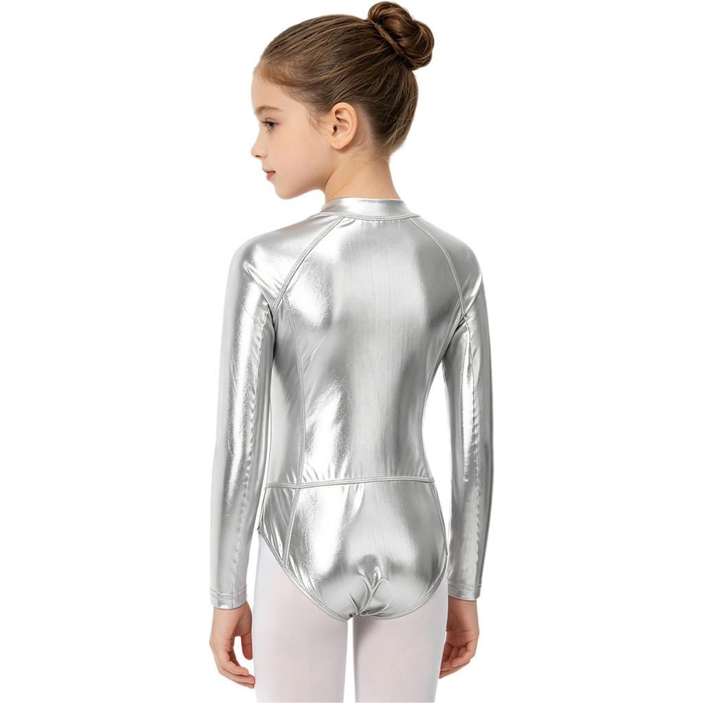 Kids Girls Zipper Metallic Leotard Long Sleeve Shiny Bodysuit for Jazz Dance Stage Performance Cosplay Theme Party Costume