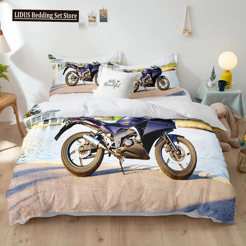 Dirt Bike Duvet Cover Set 3D Racing Motocross Bedding Set For Teen Motorcycle Rider Extreme Sports Polyester Comforter Cover