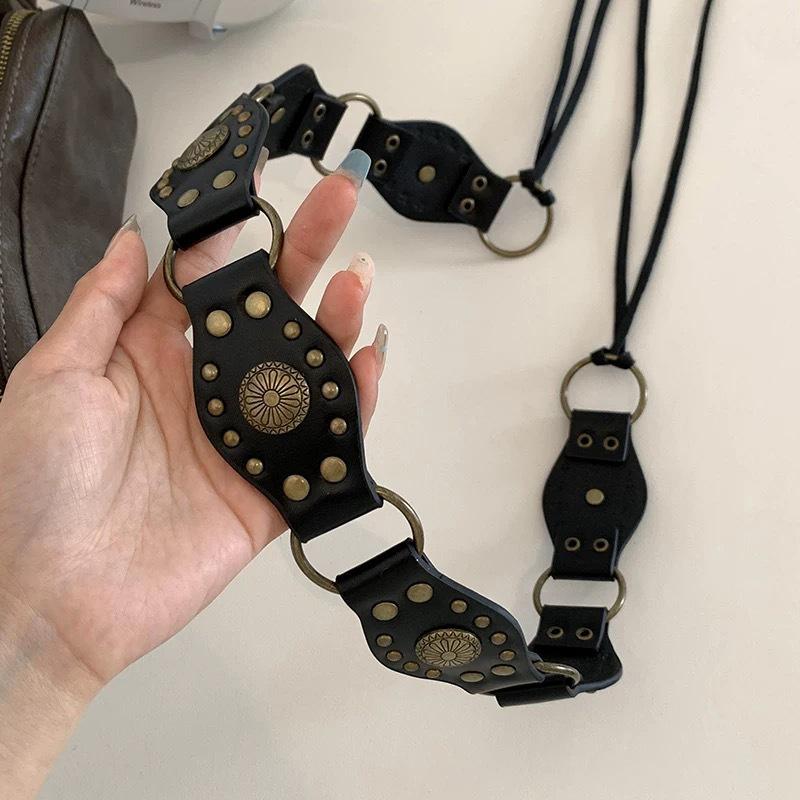 American Retro Rivet Metal Buckle Belt Women'S Spliced Belt Millennial Spicy Girl Y2K Design Sense Strap Waist Rope