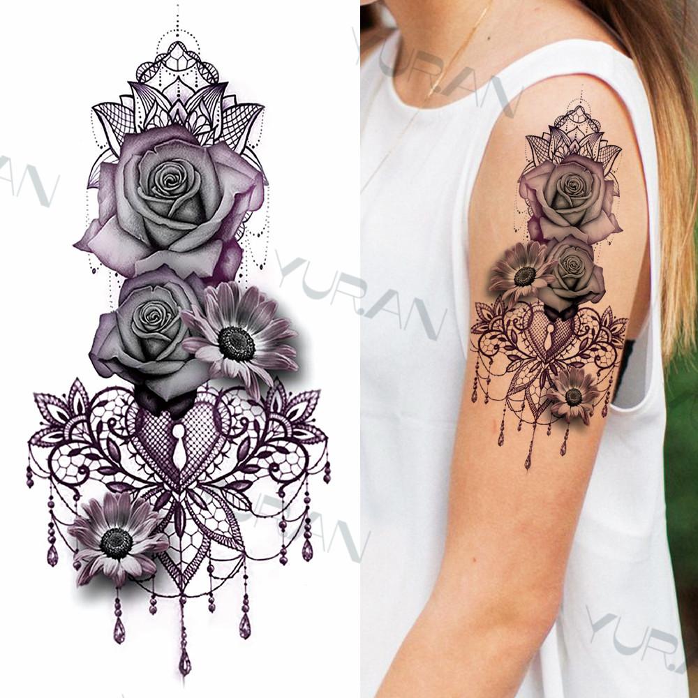 Zwarte Grote Slang Bloem Fake Tattoo Sticker Voor Vrouwen Dot Rose Pioen Tijdelijke Tattoos DIY Water Transfer Tatoos Meisjes