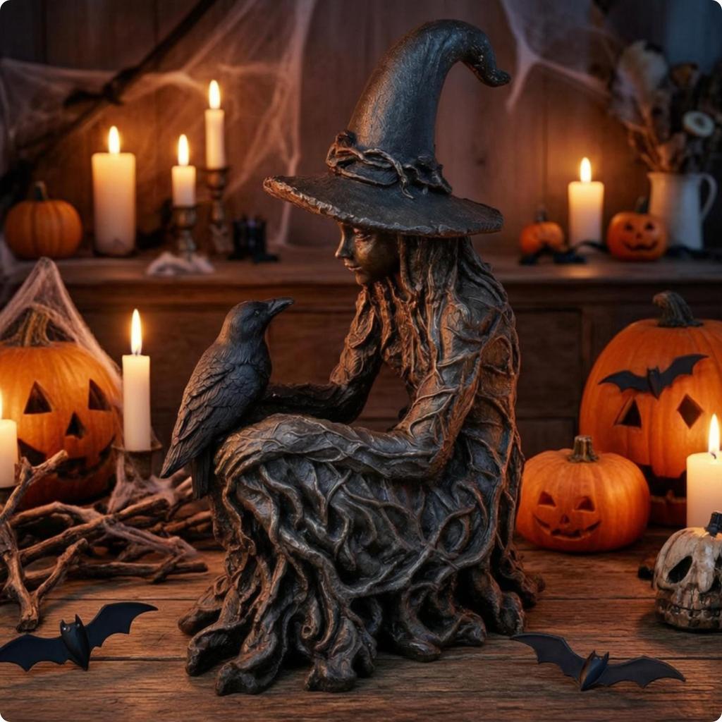 Figurka Wiedźmy z Ptakiem Żywica Gotycka Dekoracja Stołowa dla Gotów, Kolekcjonerów, Halloween,