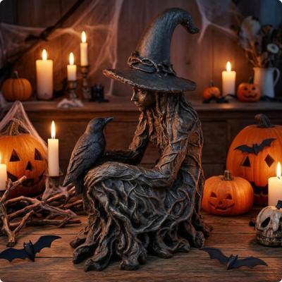 Socha čarodějnice s ptákem Pryskyřice Gotická Stolní Dekorace pro Gothy, Sběratele, Halloween,