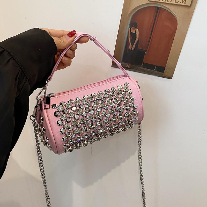 IELGY Cylindrical Female Bag with Diamond Crossbody Chain Pillow Bag