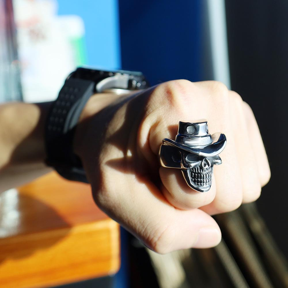 Accessories Personality Trend Cowboy Hat Skull Ring Niche Design Men'S Titanium Steel Index Finger Ring