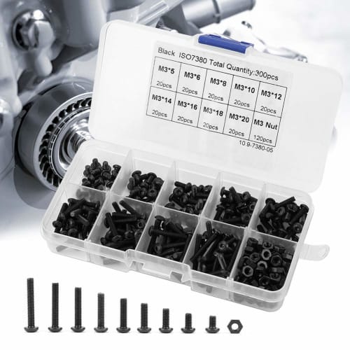 300-Piece Hex Socket Button Head Bolt Set, M3 Universal Size, 9 Lengths, Hex Screws, Button Head Bolts and Nuts, Alloy Steel, Repair Tool, Carbon Stee