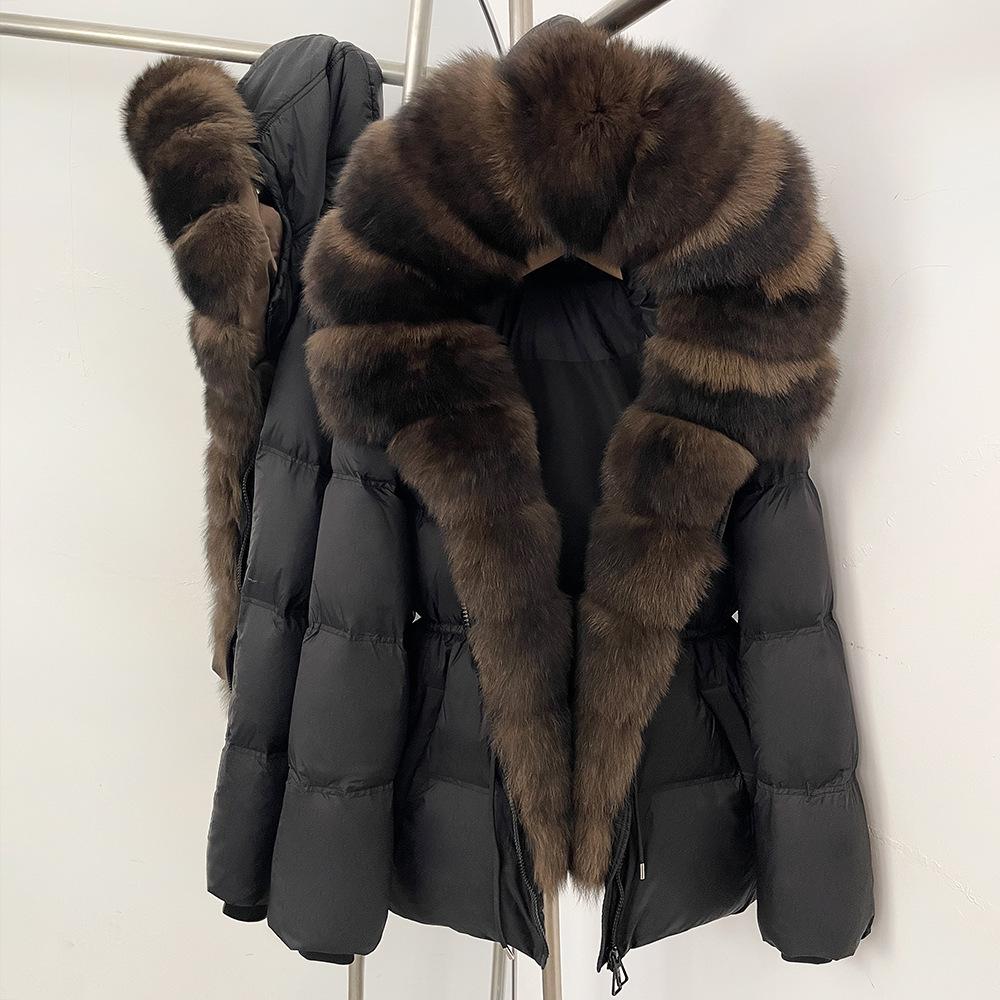 Women's winter winter new waist high-end fur thickened warm removable real fox fur collar hooded down jacket