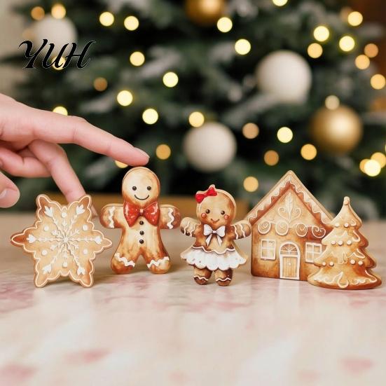 Handcrafted Wooden Christmas Figures 5Pcs/Set Gingerbread Man Tabletop Decor, Vintage Cookie Gift for Family Shaped Ornament Home Mantel, Festive