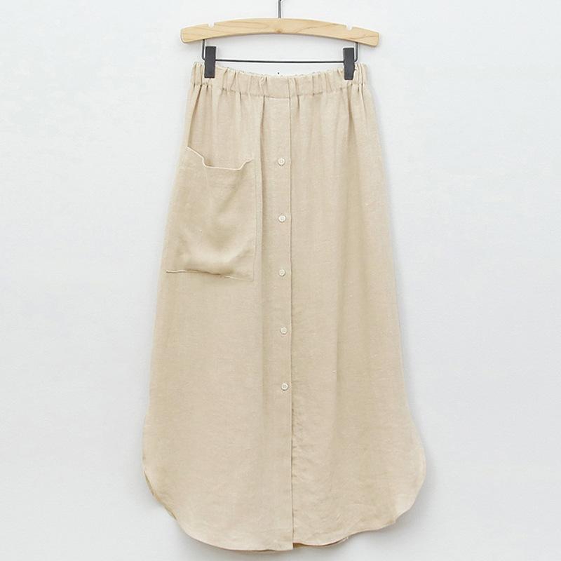

Johnature, японские хлопковые и льняные женские юбки, летние повседневные женские юбки с эластичной резинкой на талии и разрезами на пуговицах L абрикосовый