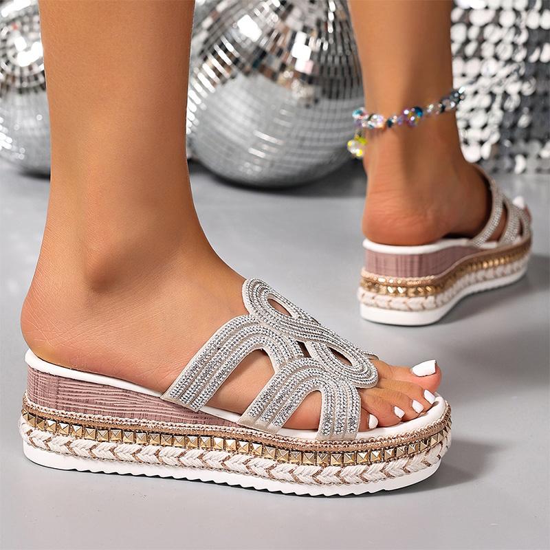 Modische glänzende Kristall Keilsandalen für Damen Übergröße Nietendekor Klobige Plateau-Slipper 2025 Sommer Dicke Sohle Rutschfeste Slipper