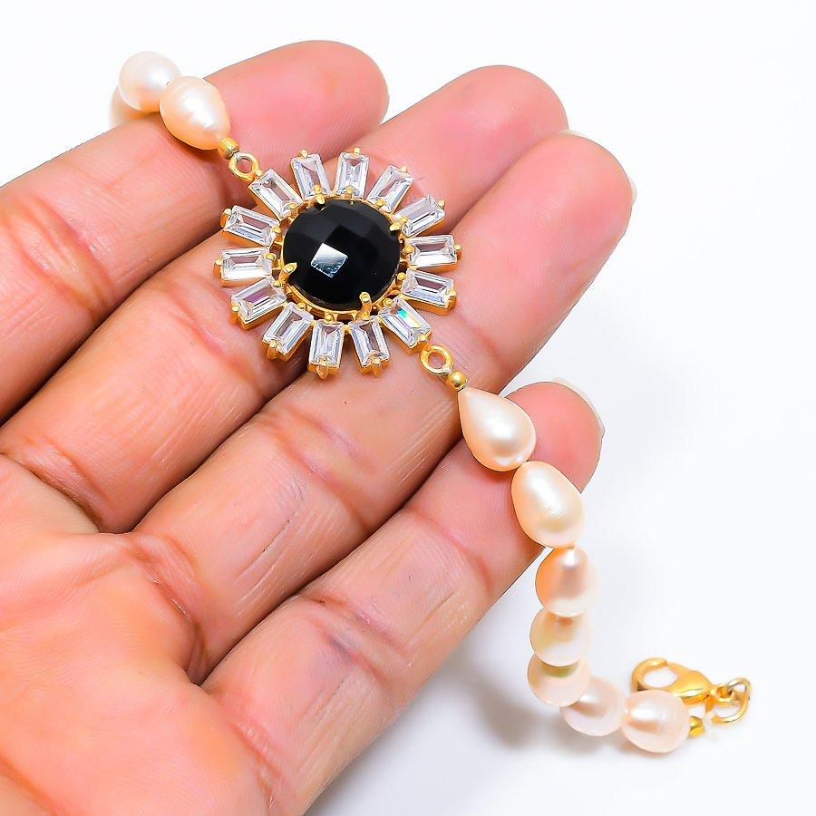 Black Spinel, Pearl Gemstone Handmade 925 Sterling Silver Bracelet 7-8" GK-6122