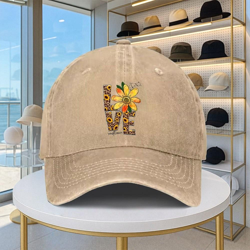 Love Sunflower Distressed Baseball Cap Washed Denim Retro Adjustable Visor Hat Casual Unisex