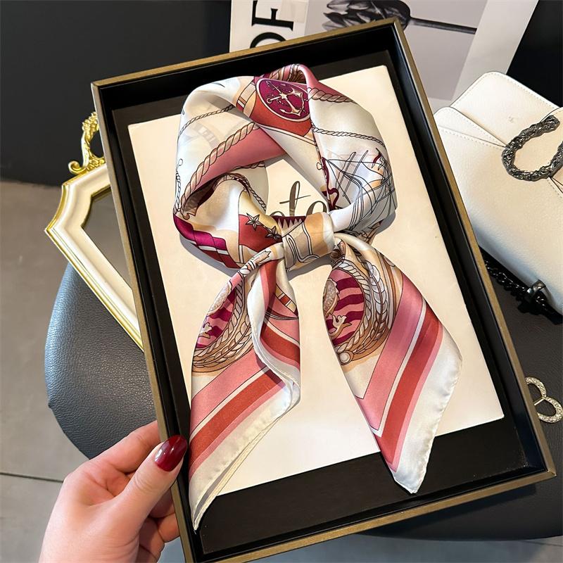 

70cm Square Luxury Silk Scarf Ladies Sailboat Print Headband Small Hair Scarves Band Female handkerchief Scarves Hijab Bandana 70x70cm