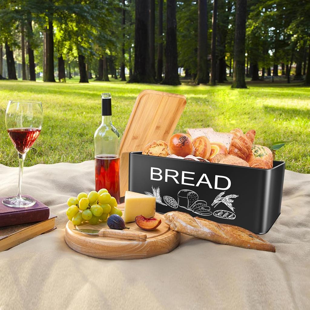 JIGUOOR Black Bread Box, Large Space Saving Vertical Metal Bread Box with Wooden Cutting Board Lid, Holds 2+ Loaves, Farmhouse Bread Bins Kitchen