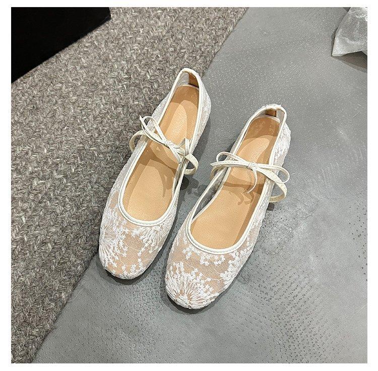 Soft soles are not tired of feet, spring and summer mesh embroidery bow single shoes women's Chinese sexy hollow Mary Jane shoes flats