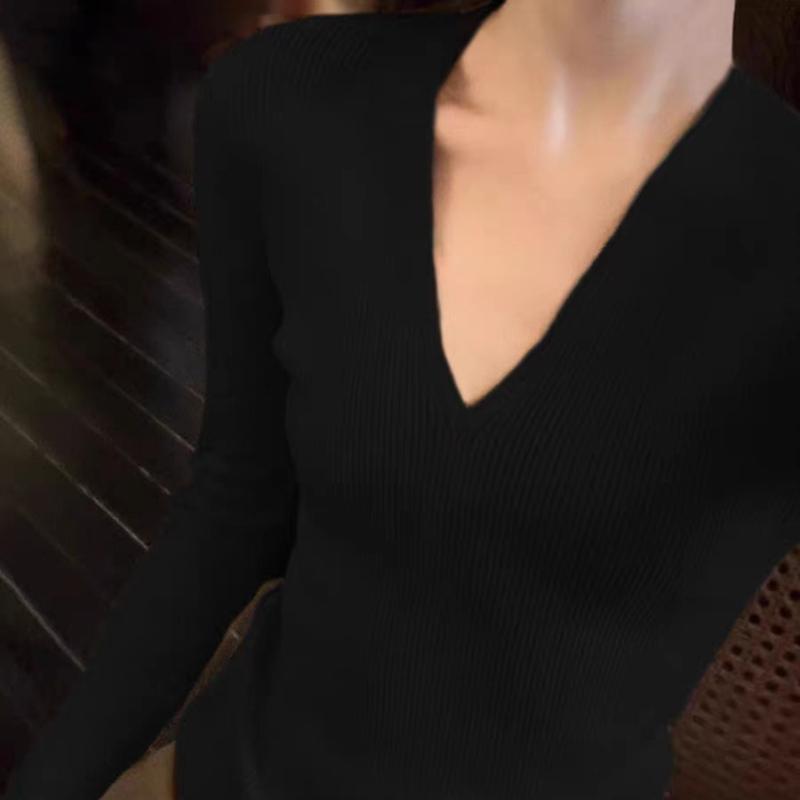 Instagram Baddie V-Ausschnitt Stricktop Damen Frühling Herbst Winter Basisschicht Slim Fit Taillenbetonend Enganliegend Normale Ärmel Lange Bluse