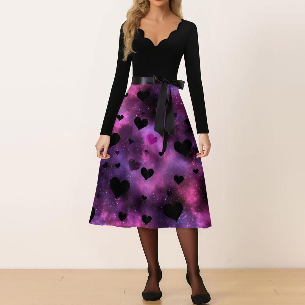 Damen Casual Mode V-Ausschnitt Valentinstag Print Retro Kleid
