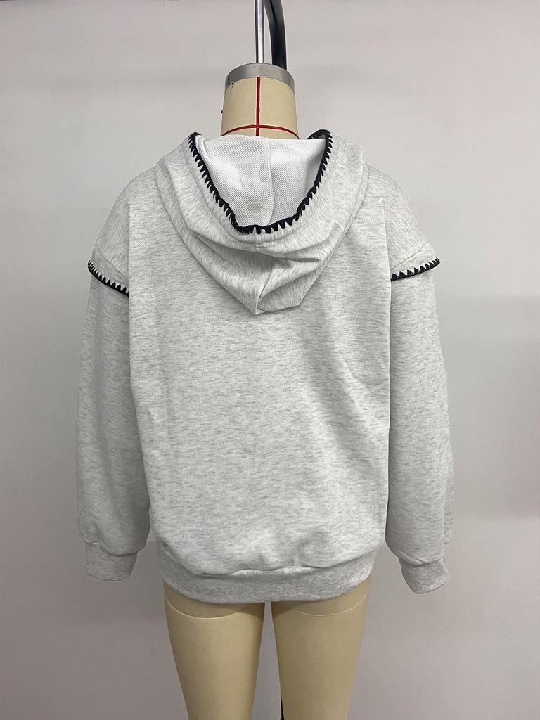 Cross-Border 2026 Women's Loose Color Block Piping Hooded Sweatshirt - New Korean Casual Style