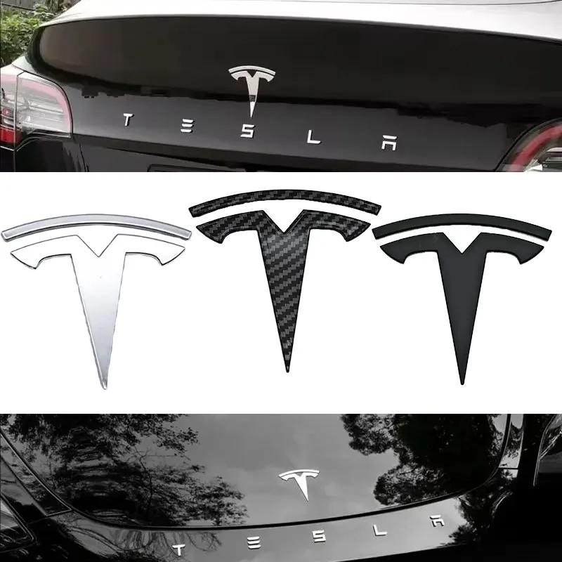 Tesla Model 3/Y Car Exterior Decoration Parts - Metal Blackened Logo Emblem Front Bumper & Rear Trunk Logo Replacement Kit