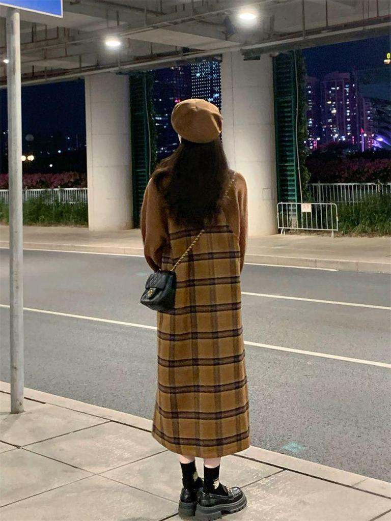 Sweet Salted Color Block Plaid Overall Dress & Long Sleeve Sweater Set for Spring/Autumn