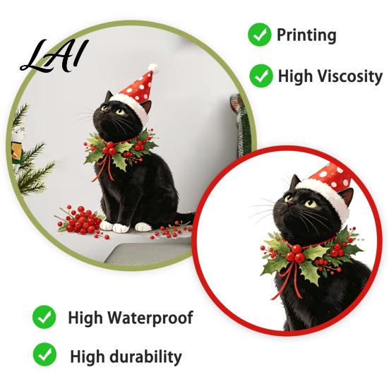 Winter Home Atmosphere Stickers Christmas Cute Black Cat Wall Sticker PVC Decal with Polka Dot Cone Hat Party Supplies And Red Berries Waterproof