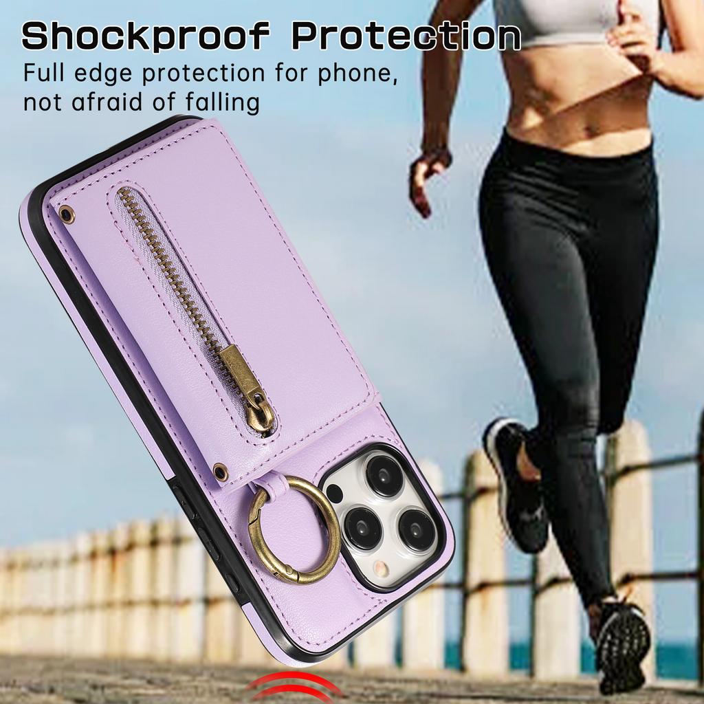 For iPhone 16 Pro Leather Back Cover Zipper Wallet Kickstand Phone Case with Shoulder Strap